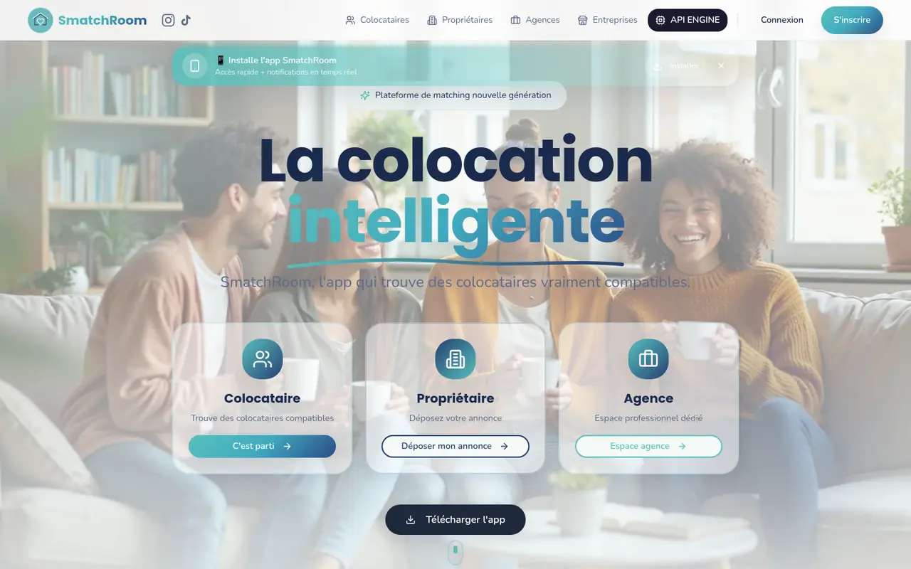 Page d'accueil de SmatchRoom App : la colocation intelligente, avec les accès colocataire, propriétaire et agence